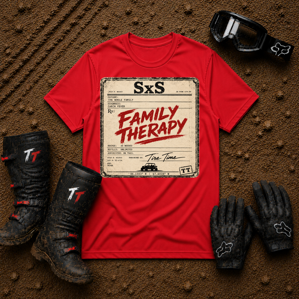 Family Therapy Prescription t-shirt in Red — retro Rx chart design for off-road ATV and UTV trail riding families | Tire Time Offroad
