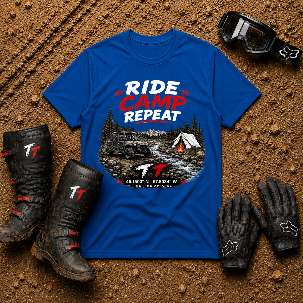 Royal blue Ride Camp Repeat UTV weekend adventure tee — Tire Time Offroad