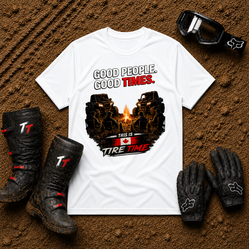 White Good People Good Times side-by-side lifestyle t-shirt — Tire Time Offroad