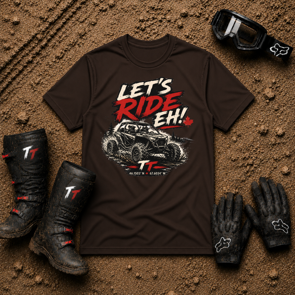 Let's Ride Eh! Off-Road T-Shirt in Dark Chocolate - Canadian ATV UTV Graphic Tee | Tire Time