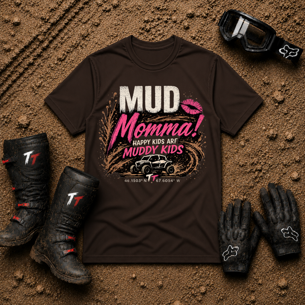 Dark chocolate brown Mud Momma t-shirt — Caffeine, Chaos & Horsepower off-road mom tee