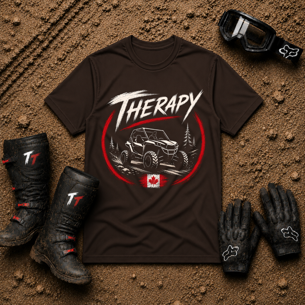 Therapy T-Shirt in Dark Chocolate - UTV side-by-side trail graphic with Canadian flag, Tire Time Offroad