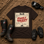 Family Therapy Prescription t-shirt in Dark Chocolate — retro Rx chart design for off-road ATV and UTV trail riding families | Tire Time Offroad