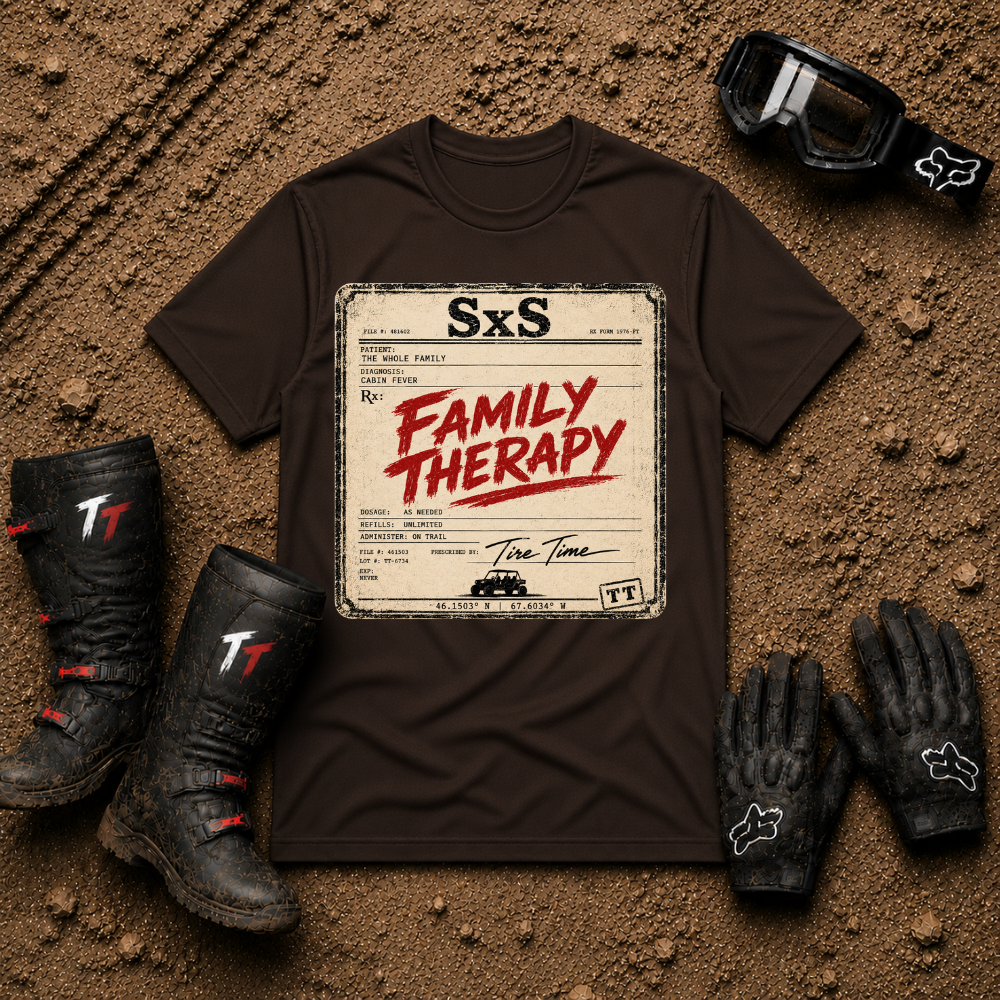 Family Therapy Prescription t-shirt in Dark Chocolate — retro Rx chart design for off-road ATV and UTV trail riding families | Tire Time Offroad