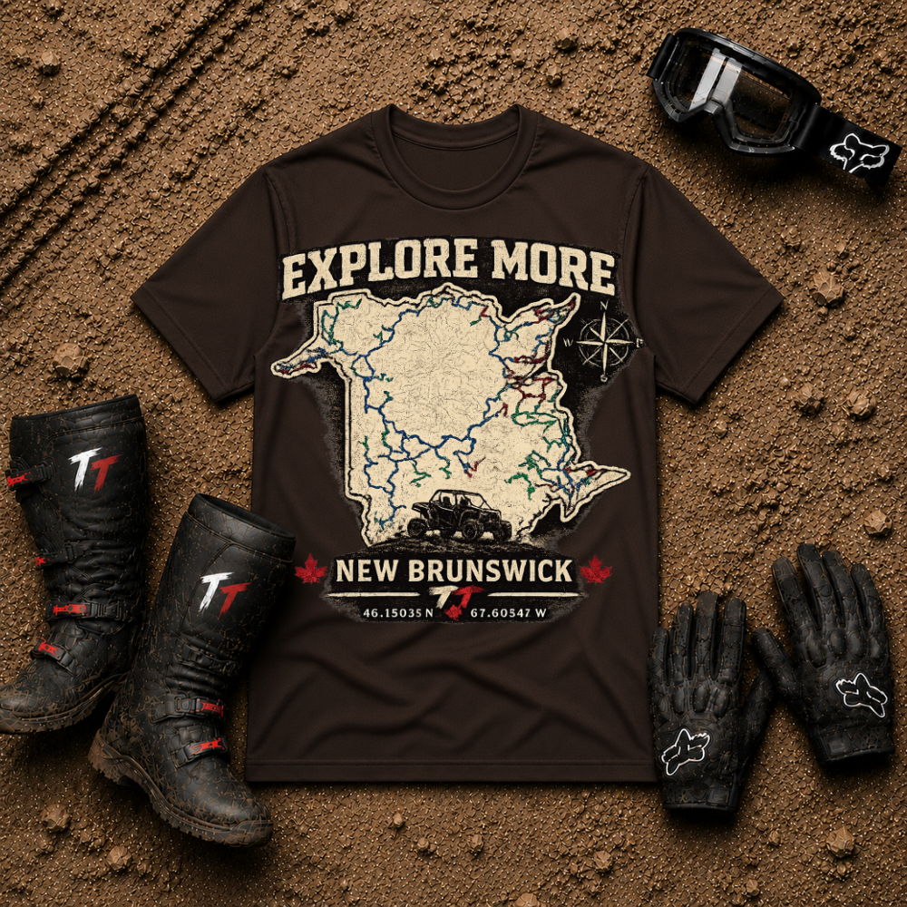 Dark chocolate brown side by side UTV trail map tee for New Brunswick riders — Tire Time Offroad
