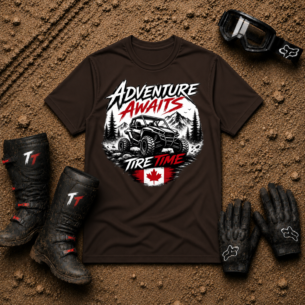 Dark chocolate Adventure Awaits backroad trail riding tee — Tire Time Offroad