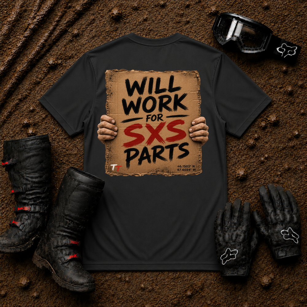 Dark heather grey t-shirt printed with "Will Work for SXS Parts" - funny UTV parts humour graphic tee