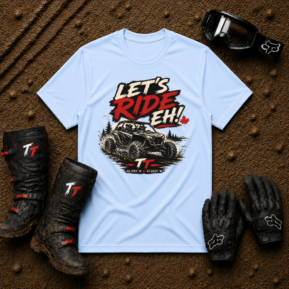 Let's Ride Eh! Off-Road T-Shirt in Light Blue - Canadian ATV UTV Graphic Tee | Tire Time