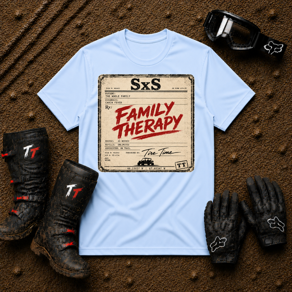 Family Therapy Prescription t-shirt in Light Blue — retro Rx chart design for off-road ATV and UTV trail riding families | Tire Time Offroad