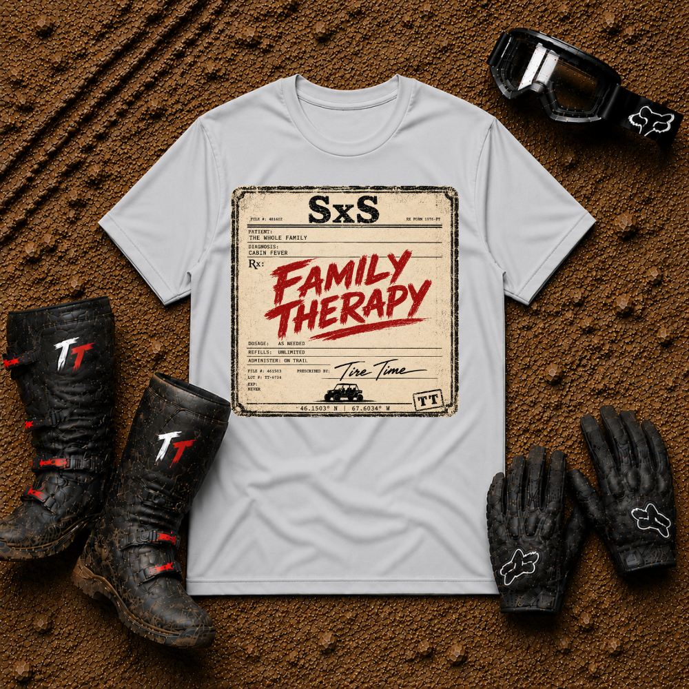 Family Therapy Prescription t-shirt in Sport Grey — retro Rx chart design for off-road ATV and UTV trail riding families | Tire Time Offroad
