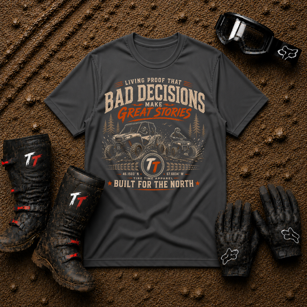 Dark heather grey Bad Decisions Make Great Stories funny quad riding shirt — Tire Time Offroad