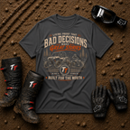 Dark heather grey Bad Decisions Make Great Stories funny quad riding shirt — Tire Time Offroad