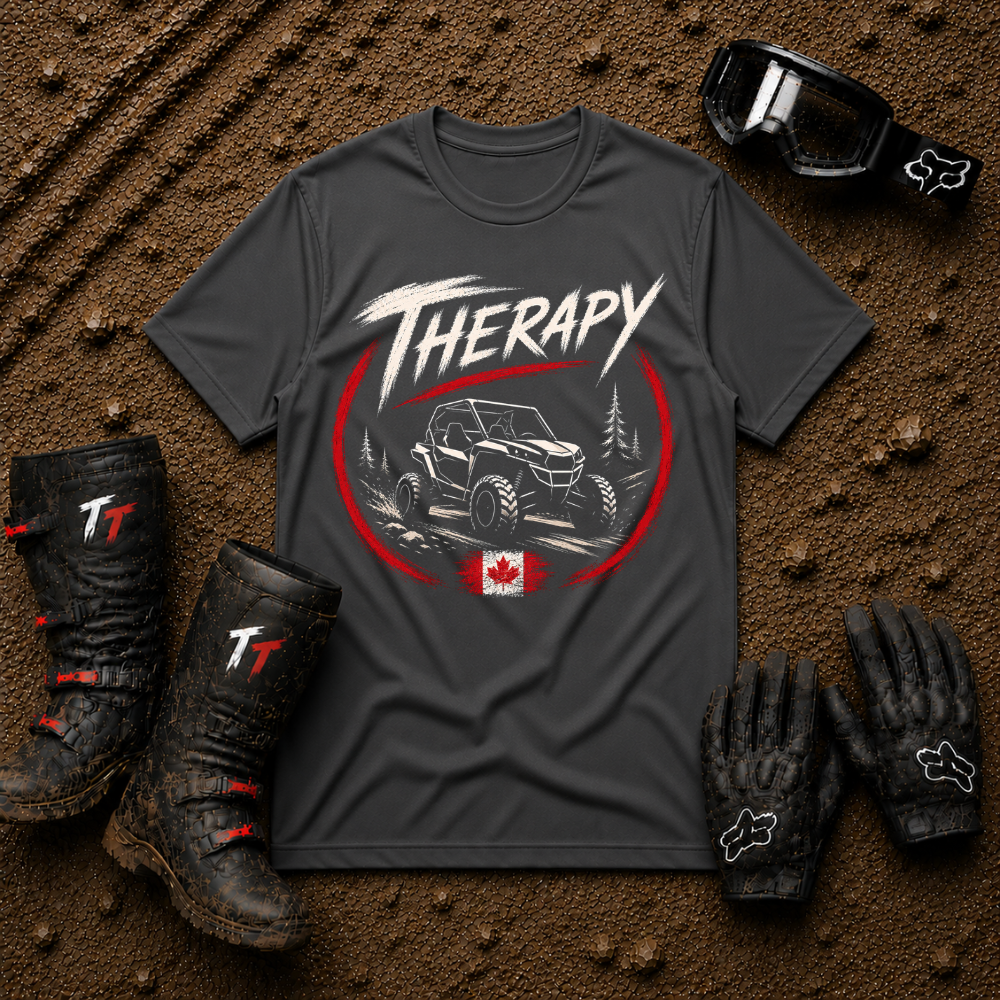 Therapy T-Shirt in Dark Heather Grey - UTV side-by-side trail graphic with Canadian flag, Tire Time Offroad