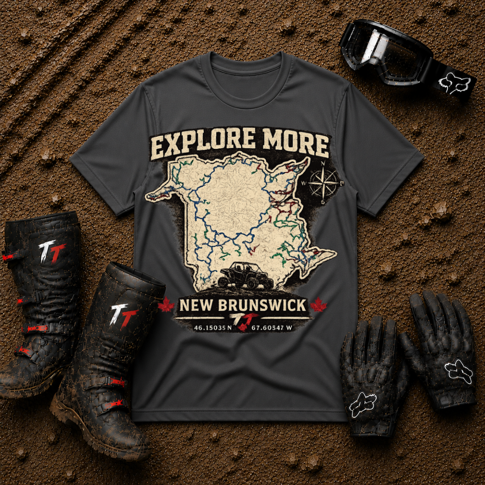 Dark heather grey Explore More New Brunswick off road trail map tee — Tire Time Offroad