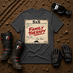Family Therapy Prescription t-shirt in Dark Heather Grey — retro Rx chart design for off-road ATV and UTV trail riding families | Tire Time Offroad
