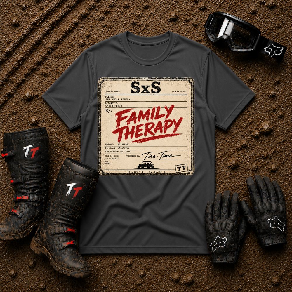 Family Therapy Prescription t-shirt in Dark Heather Grey — retro Rx chart design for off-road ATV and UTV trail riding families | Tire Time Offroad