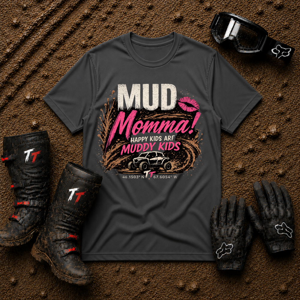 Dark heather grey Mud Momma t-shirt — Caffeine, Chaos & Horsepower off-road mom tee