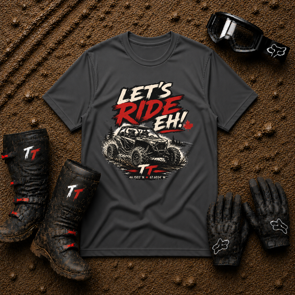 Let's Ride Eh! Off-Road T-Shirt in Dark Heather - Canadian ATV UTV Graphic Tee | Tire Time