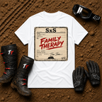 Family Therapy Prescription t-shirt in White — retro Rx chart design for off-road ATV and UTV trail riding families | Tire Time Offroad