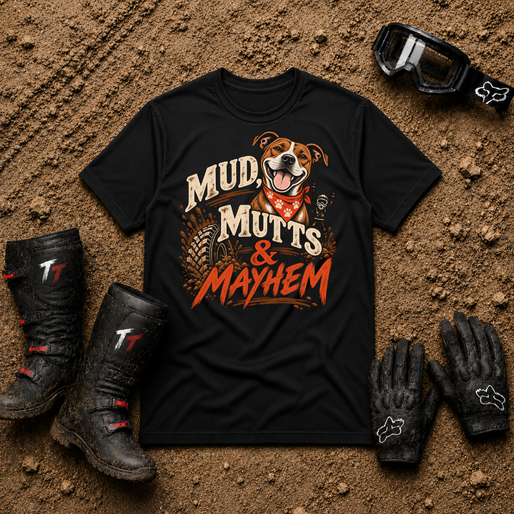 Mud, Mutts & Mayhem T-Shirt in Black - funny dog lover off-road tee for ATV, UTV and side-by-side riders