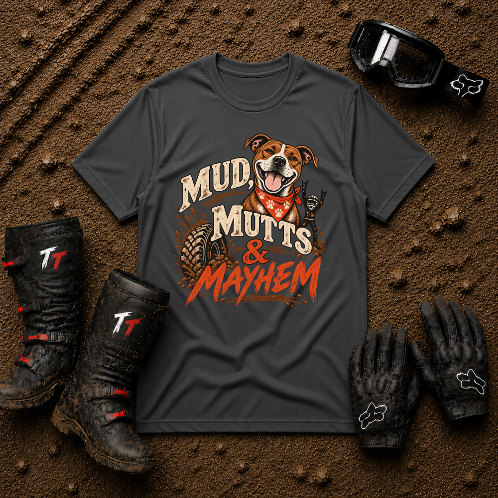 Mud, Mutts & Mayhem T-Shirt in Dark Heather Grey - funny dog lover off-road tee for ATV, UTV and side-by-side riders