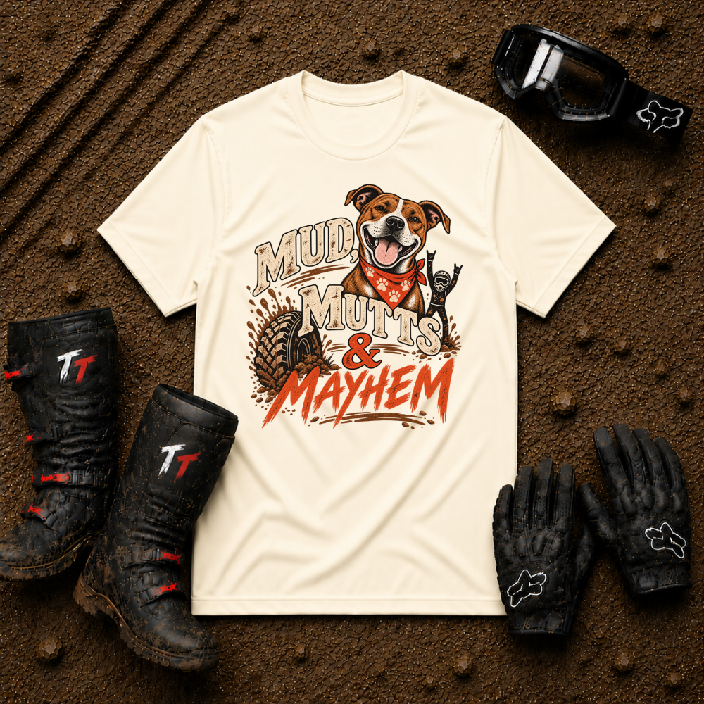 Mud, Mutts & Mayhem T-Shirt in Natural - funny dog lover off-road tee for ATV, UTV and side-by-side riders