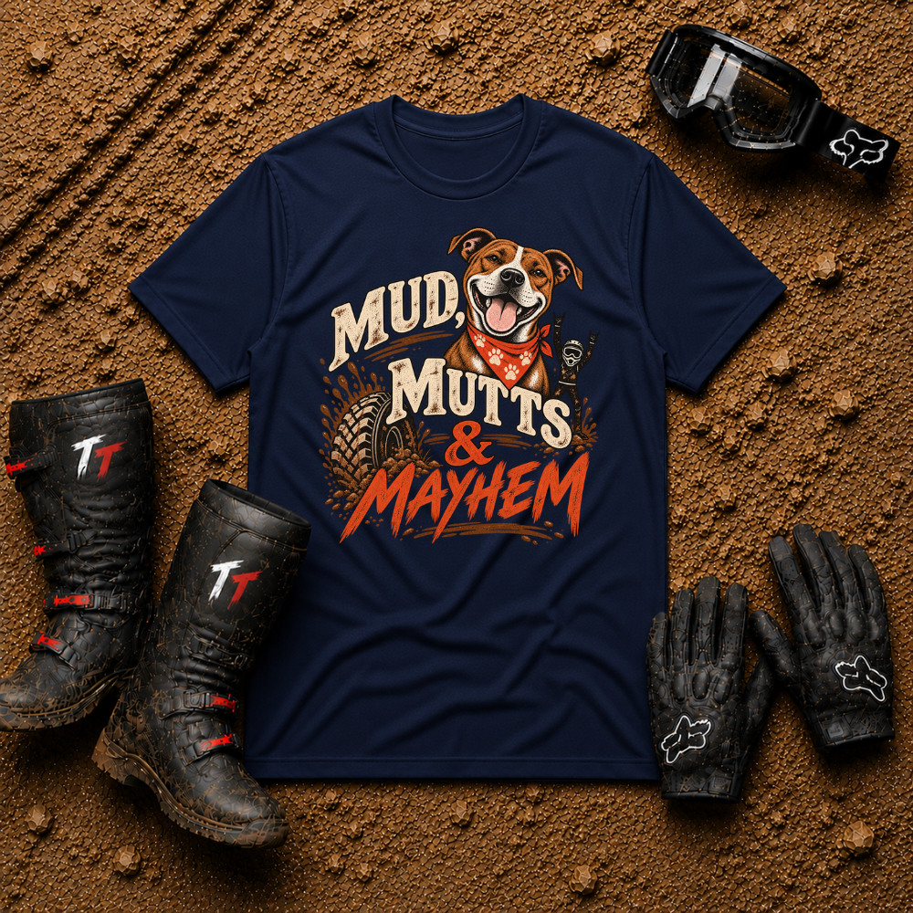 Mud, Mutts & Mayhem T-Shirt in Navy - funny dog lover off-road tee for ATV, UTV and side-by-side riders