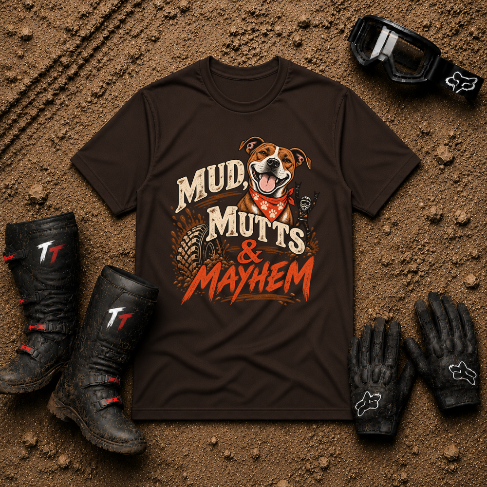 Mud, Mutts & Mayhem T-Shirt in Dark Chocolate Brown - funny dog lover off-road tee for ATV, UTV and side-by-side riders