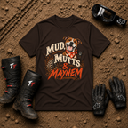 Mud, Mutts & Mayhem T-Shirt in Dark Chocolate Brown - funny dog lover off-road tee for ATV, UTV and side-by-side riders