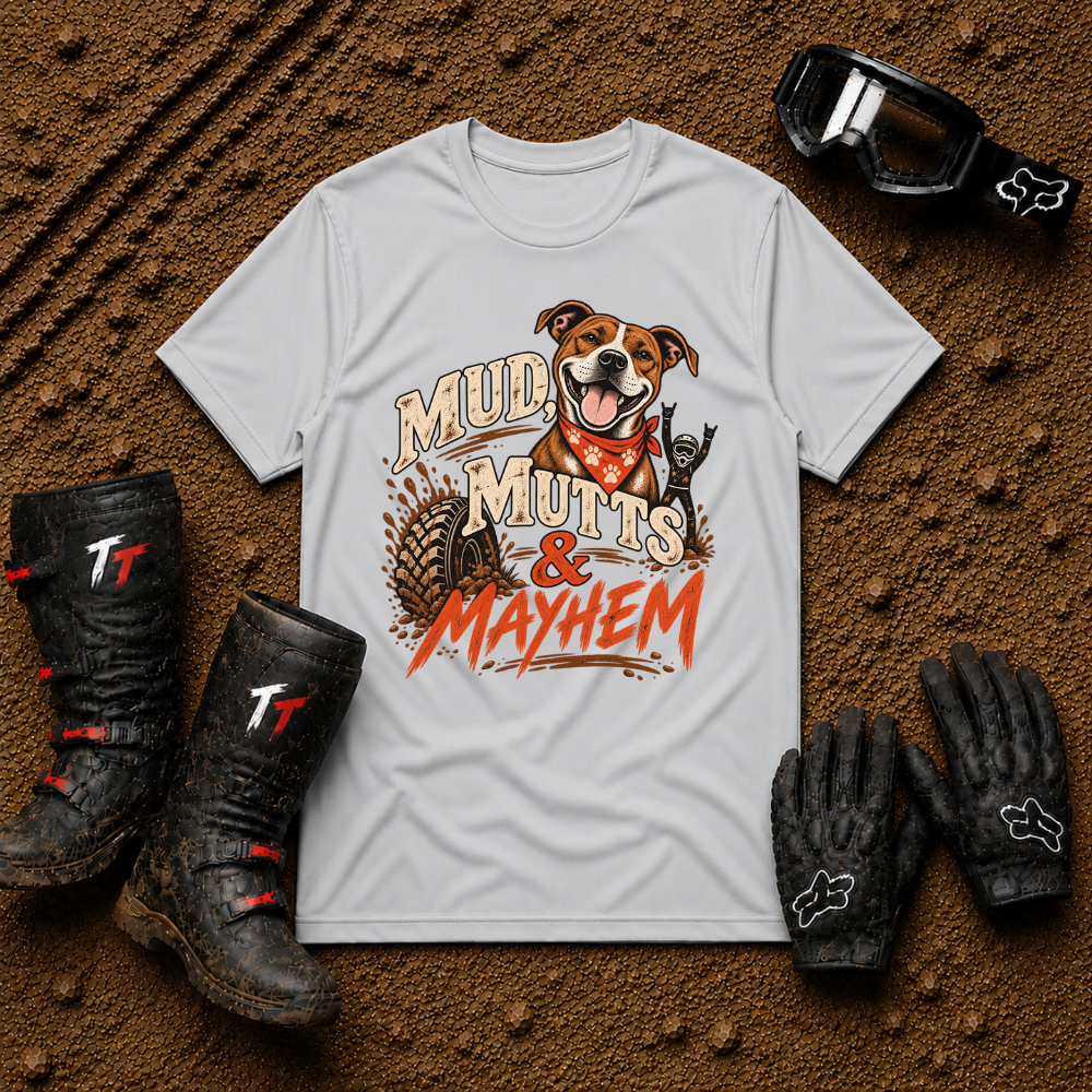 Mud, Mutts & Mayhem T-Shirt in Sport Grey - funny dog lover off-road tee for ATV, UTV and side-by-side riders