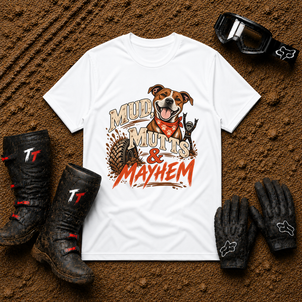 Mud, Mutts & Mayhem T-Shirt in White - funny dog lover off-road tee for ATV, UTV and side-by-side riders