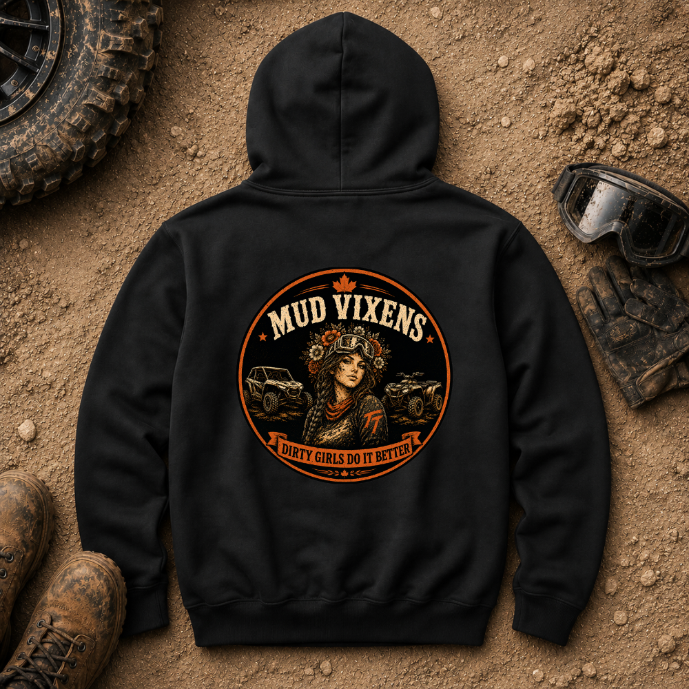 Mud Vixens Vintage Off-Road Hoodie in Black - women's off-road pullover with vintage skull, flower crown, maple leaf and SxS UTV badge design