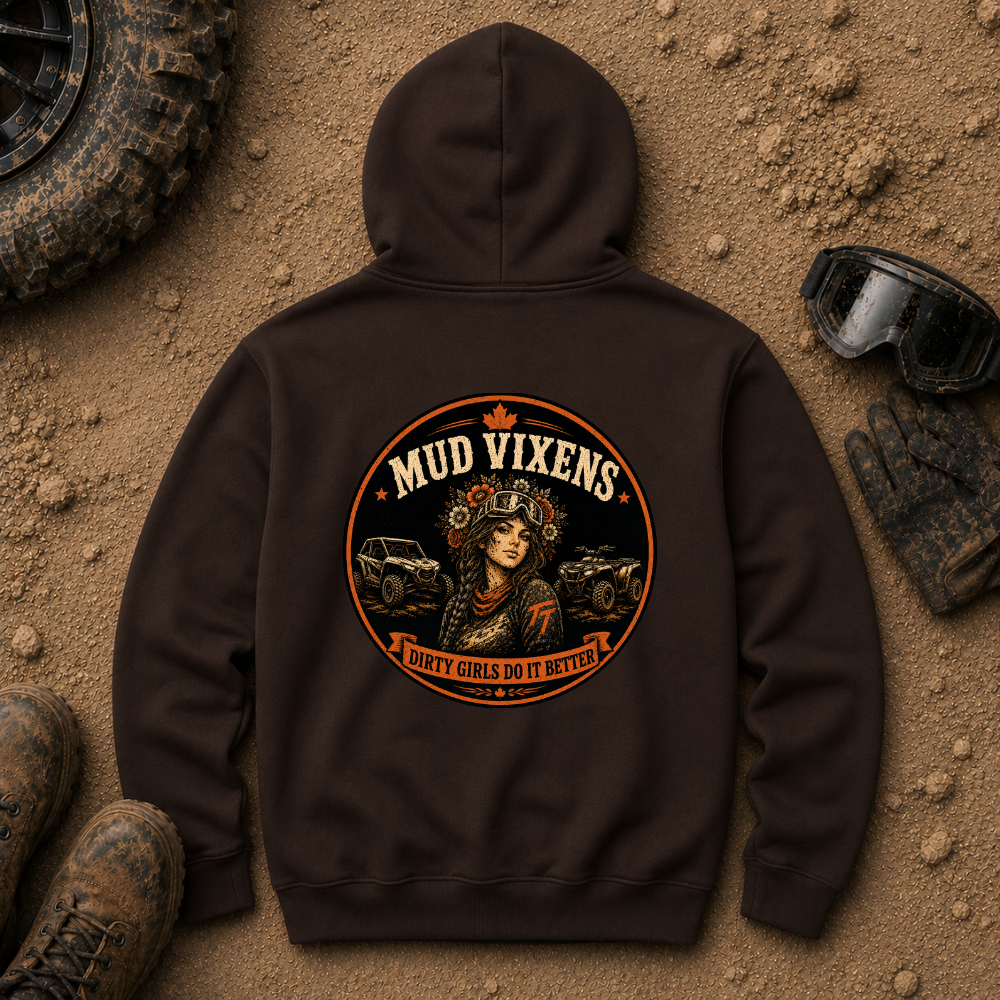 Mud Vixens Vintage Off-Road Hoodie in Dark Chocolate brown - women's off-road pullover with vintage skull, flower crown, maple leaf and SxS UTV badge design