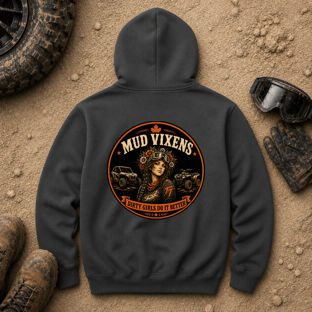 Mud Vixens Vintage Off-Road Hoodie in Dark Heather grey - women's off-road pullover with vintage skull, flower crown, maple leaf and SxS UTV badge design