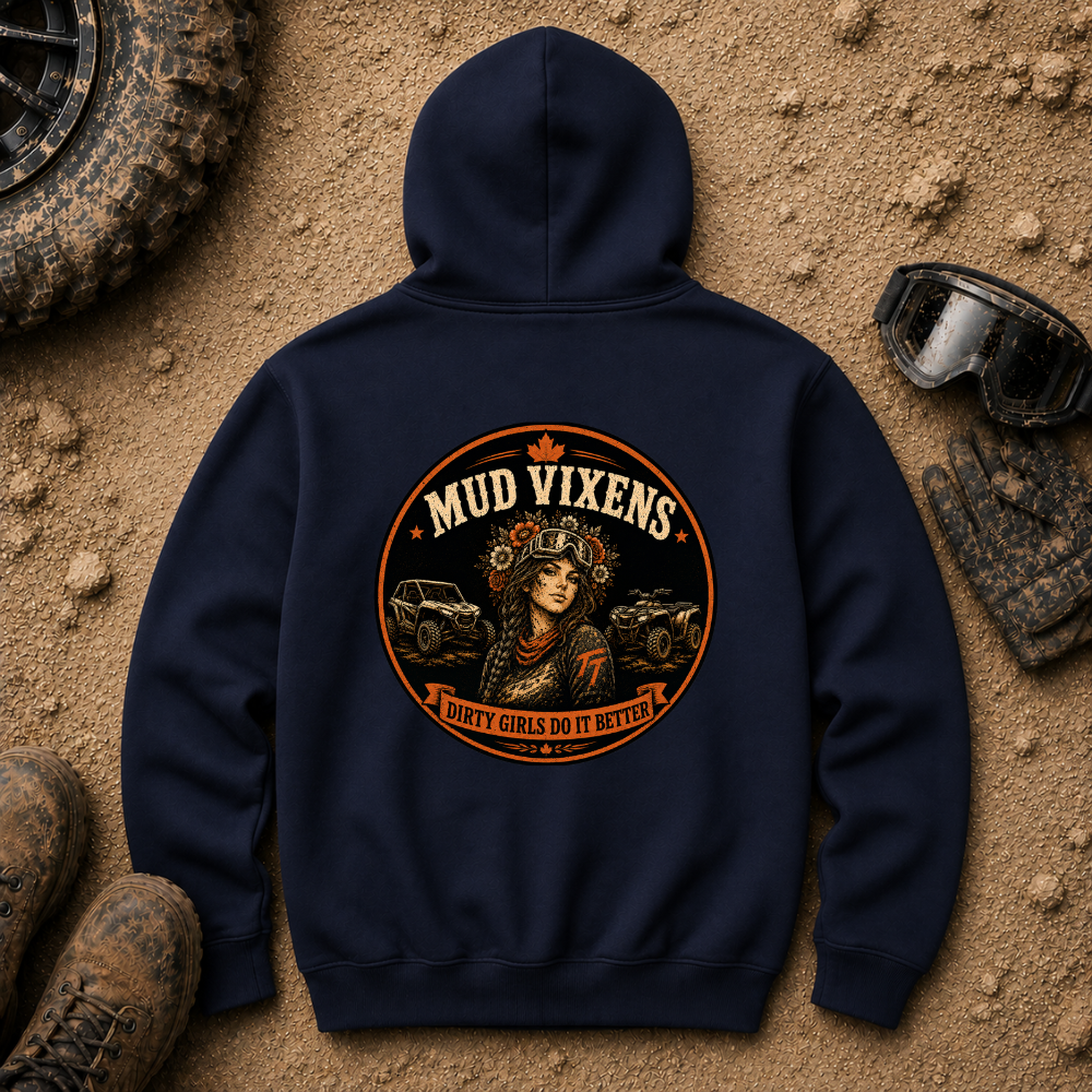 Mud Vixens Vintage Off-Road Hoodie in Navy - women's off-road pullover with vintage skull, flower crown, maple leaf and SxS UTV badge design