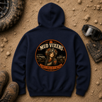 Mud Vixens Vintage Off-Road Hoodie in Navy - women's off-road pullover with vintage skull, flower crown, maple leaf and SxS UTV badge design