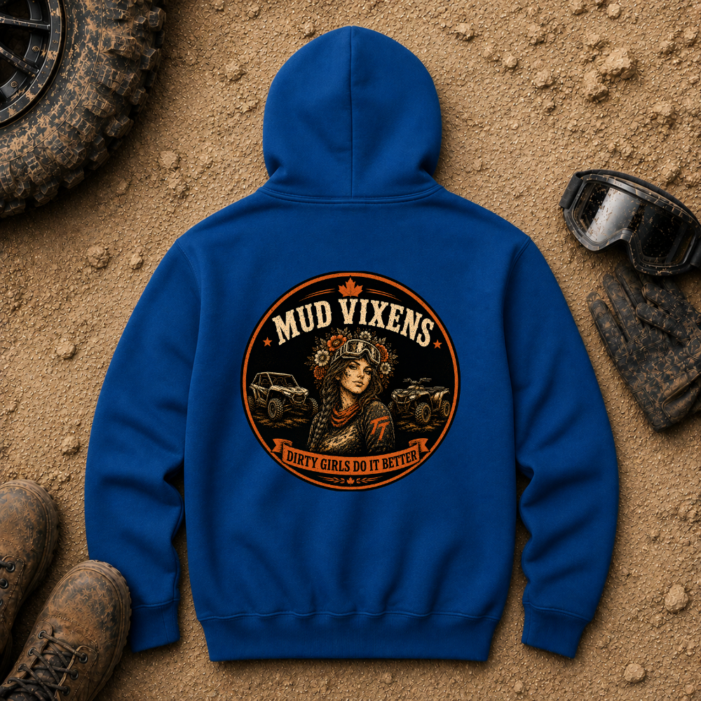 Mud Vixens Vintage Off-Road Hoodie in Royal blue - women's off-road pullover with vintage skull, flower crown, maple leaf and SxS UTV badge design
