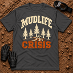 Dark heather grey Mudlife Crisis funny t-shirt with pine trees and side-by-side on a muddy trail — Tire Time Offroad ATV/UTV tee
