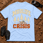 Light blue Mudlife Crisis funny t-shirt with pine trees and side-by-side on a muddy trail — Tire Time Offroad ATV/UTV tee