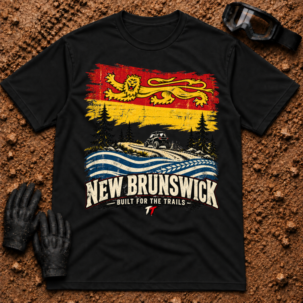 NB Trail Heritage t-shirt in Black - New Brunswick flag ATV and side-by-side trail tee - Tire Time Offroad