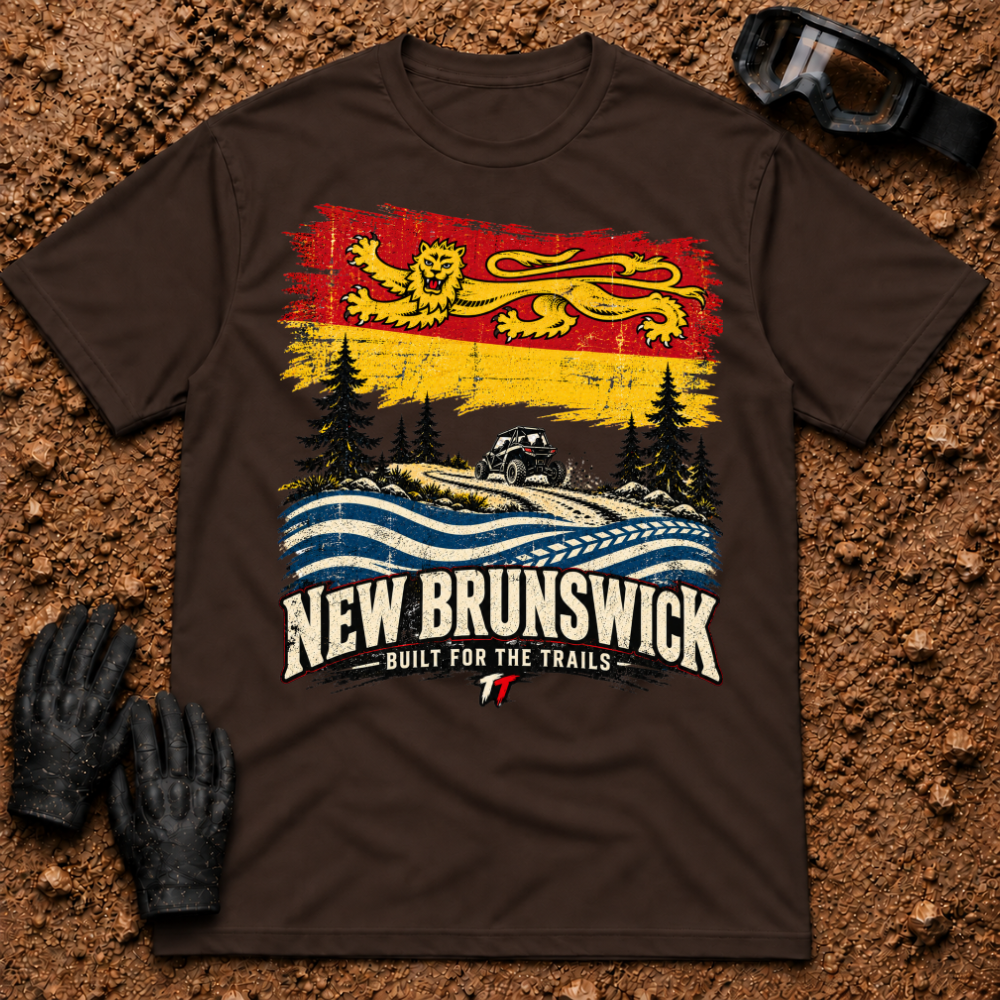 NB Trail Heritage t-shirt in Dark Chocolate - New Brunswick flag ATV and side-by-side trail tee - Tire Time Offroad