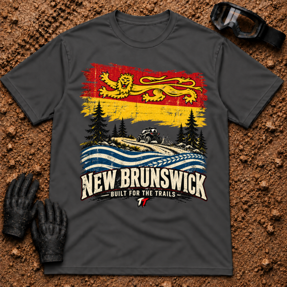 NB Trail Heritage t-shirt in Dark Heather - New Brunswick flag ATV and side-by-side trail tee - Tire Time Offroad