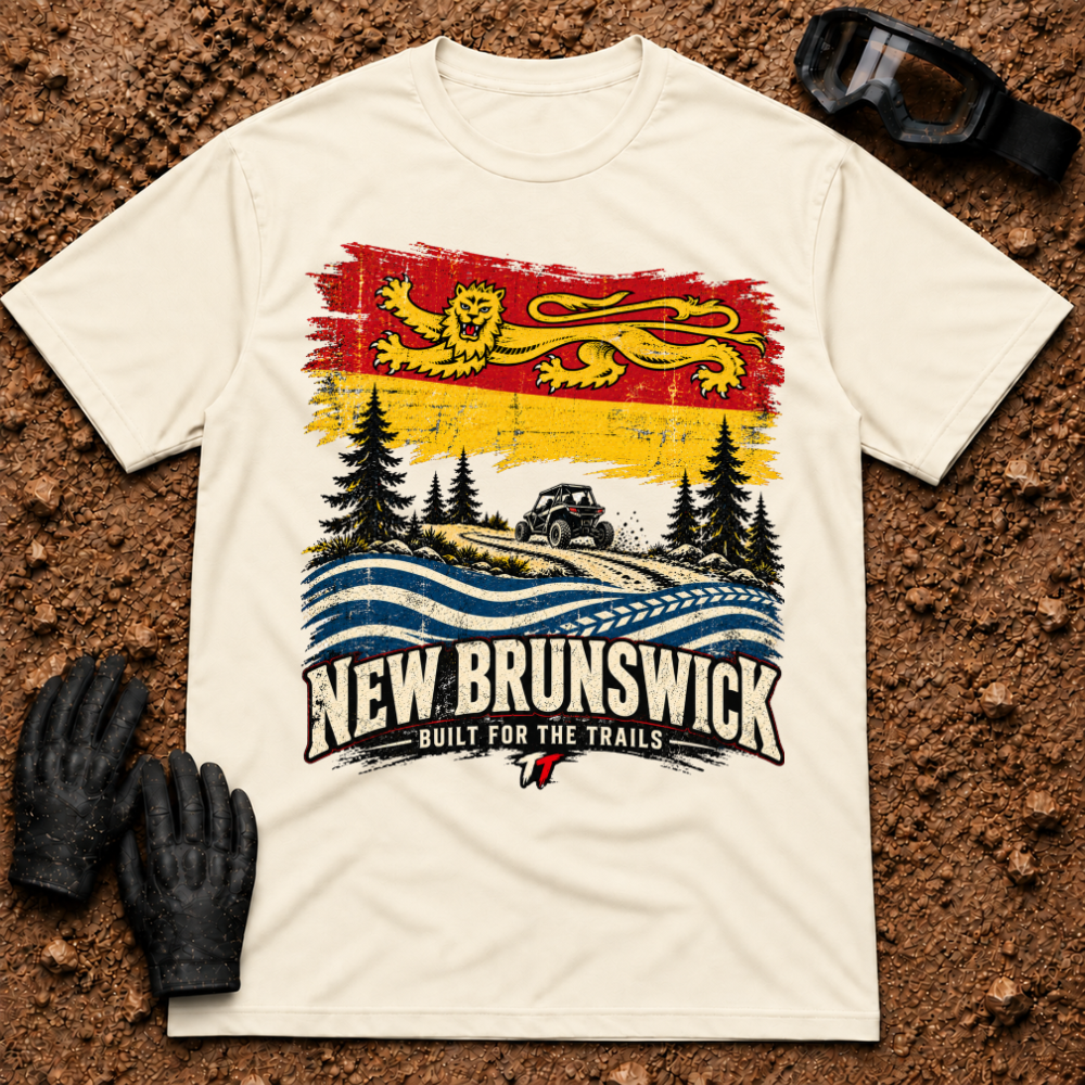 NB Trail Heritage t-shirt in Natural - New Brunswick flag ATV and side-by-side trail tee - Tire Time Offroad