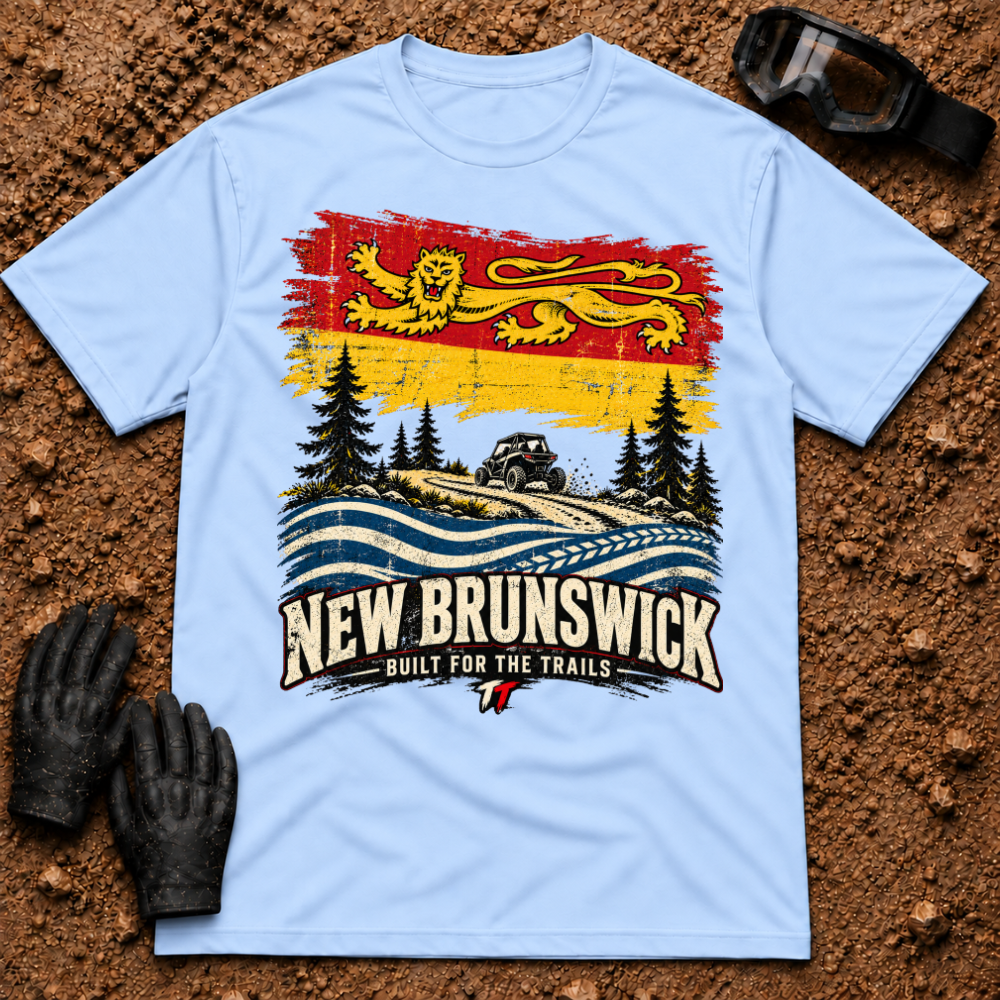 NB Trail Heritage t-shirt in Light Blue - New Brunswick flag ATV and side-by-side trail tee - Tire Time Offroad
