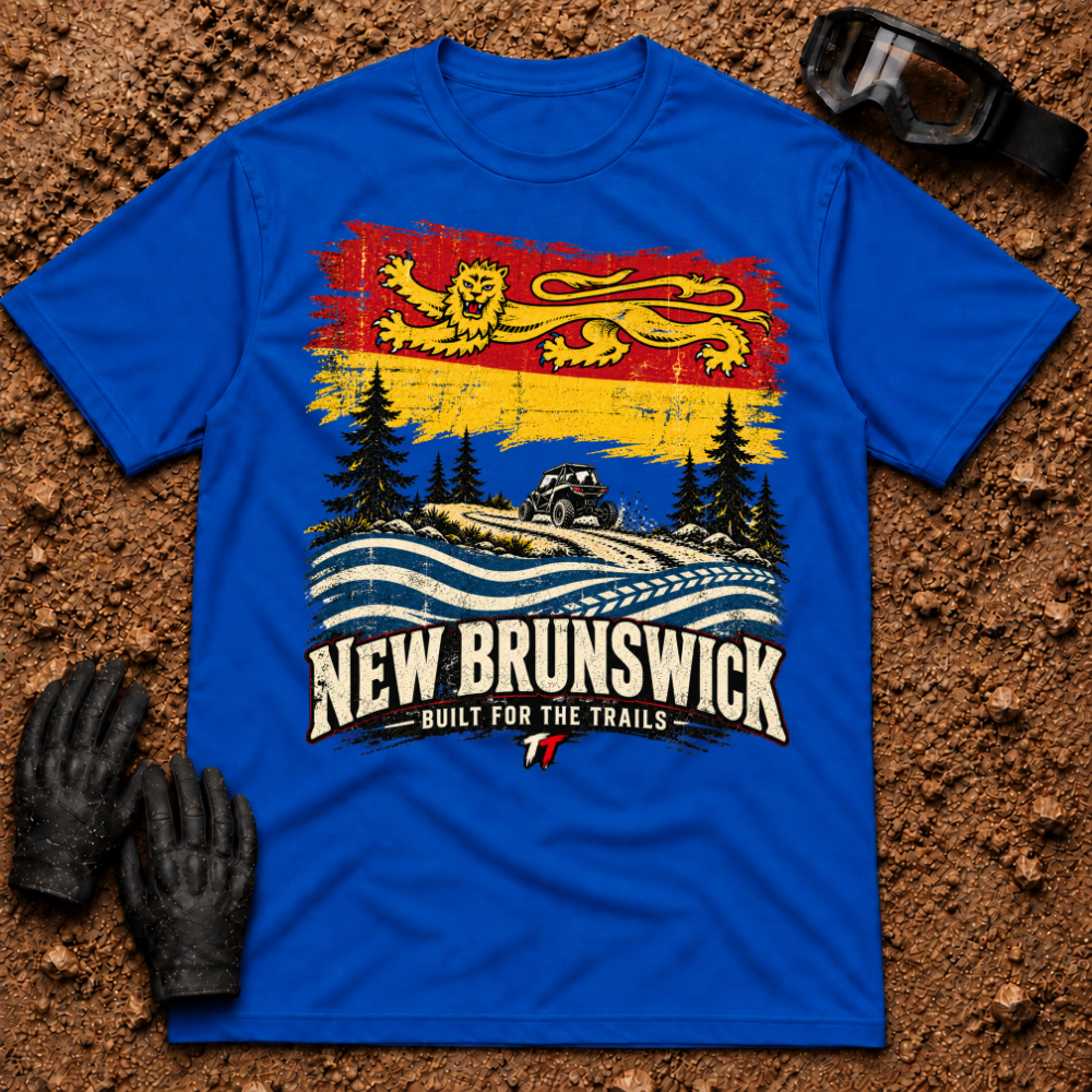 NB Trail Heritage t-shirt in Royal blue - New Brunswick flag ATV and side-by-side trail tee - Tire Time Offroad