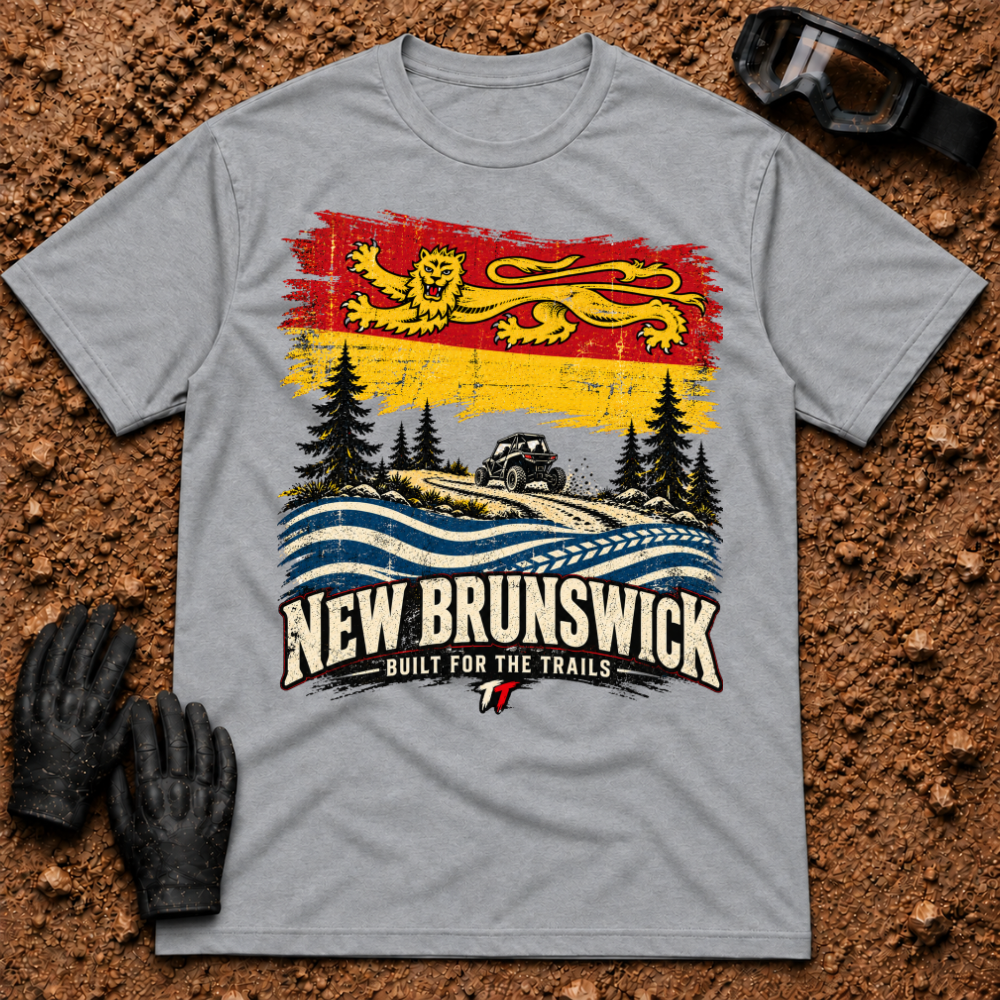 NB Trail Heritage t-shirt in Sport Grey - New Brunswick flag ATV and side-by-side trail tee - Tire Time Offroad