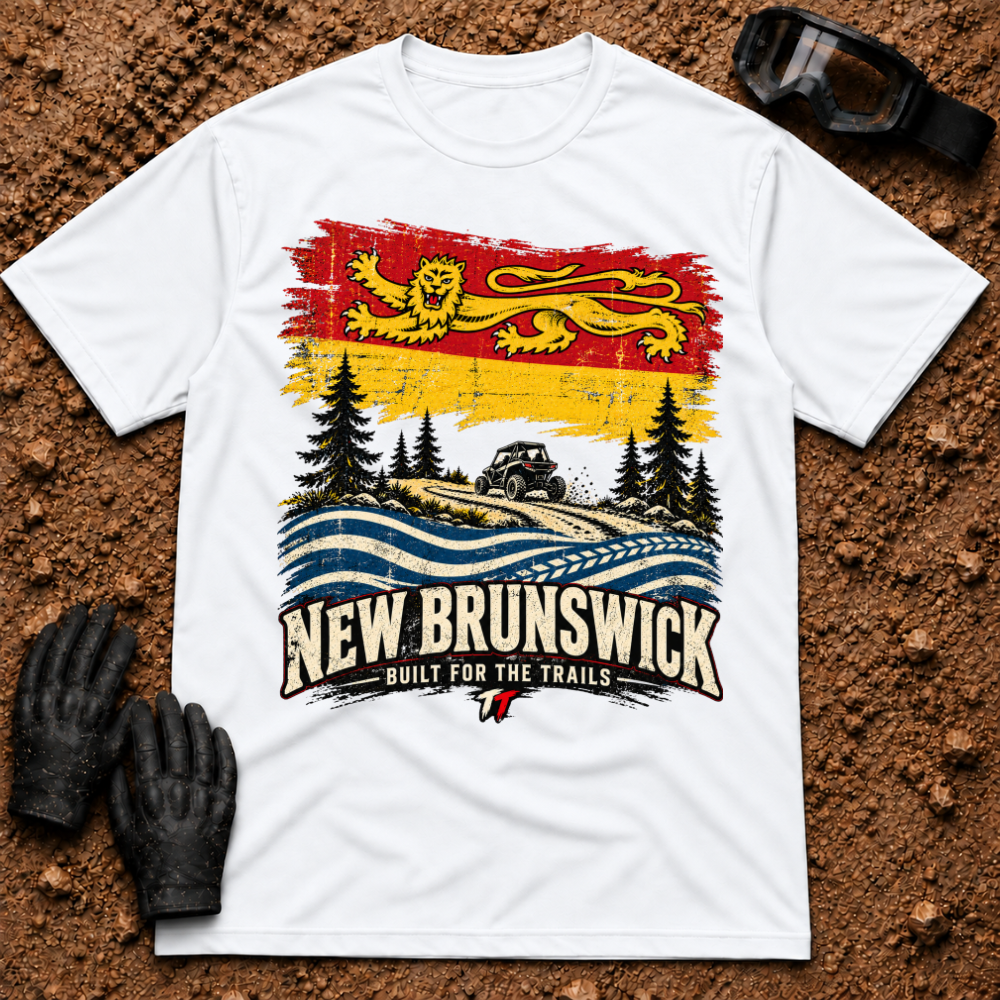 NB Trail Heritage t-shirt in White - New Brunswick flag ATV and side-by-side trail tee - Tire Time Offroad