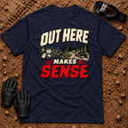 Out Here Makes Sense t-shirt in Navy - side-by-side rider escaping phone alerts and emails on a dirt trail
