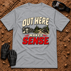 Out Here Makes Sense t-shirt in Sport Grey - off-road trail graphic, tangled chaos turning into a clean trail