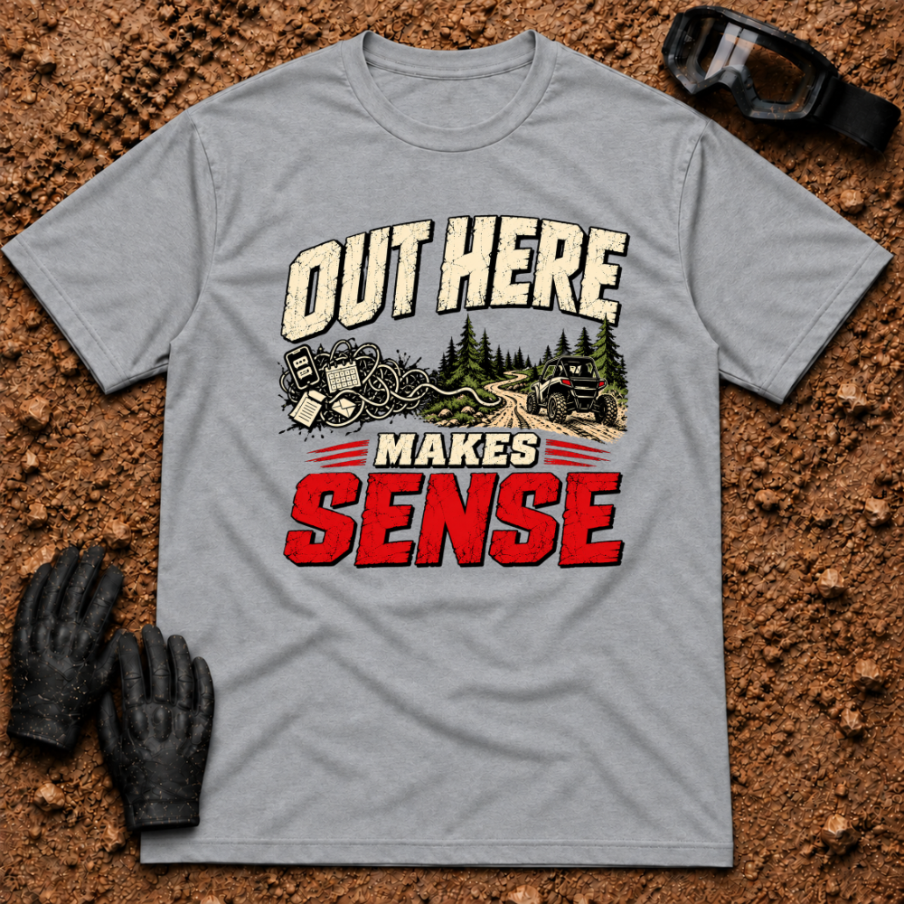 Out Here Makes Sense t-shirt in Sport Grey - off-road trail graphic, tangled chaos turning into a clean trail